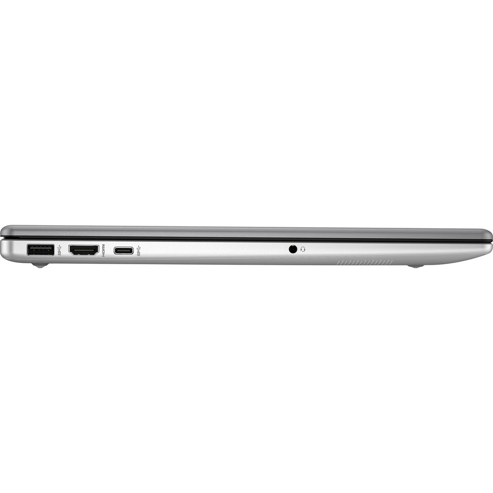 Vue latérale gauche d'un ordinateur portable argenté avec ports USB, HDMI et casque sur fond blanc.