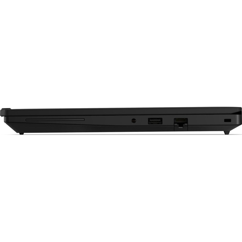 Profil latéral d'un ordinateur portable noir montrant des ports USB, Ethernet et d'alimentation sur fond blanc.