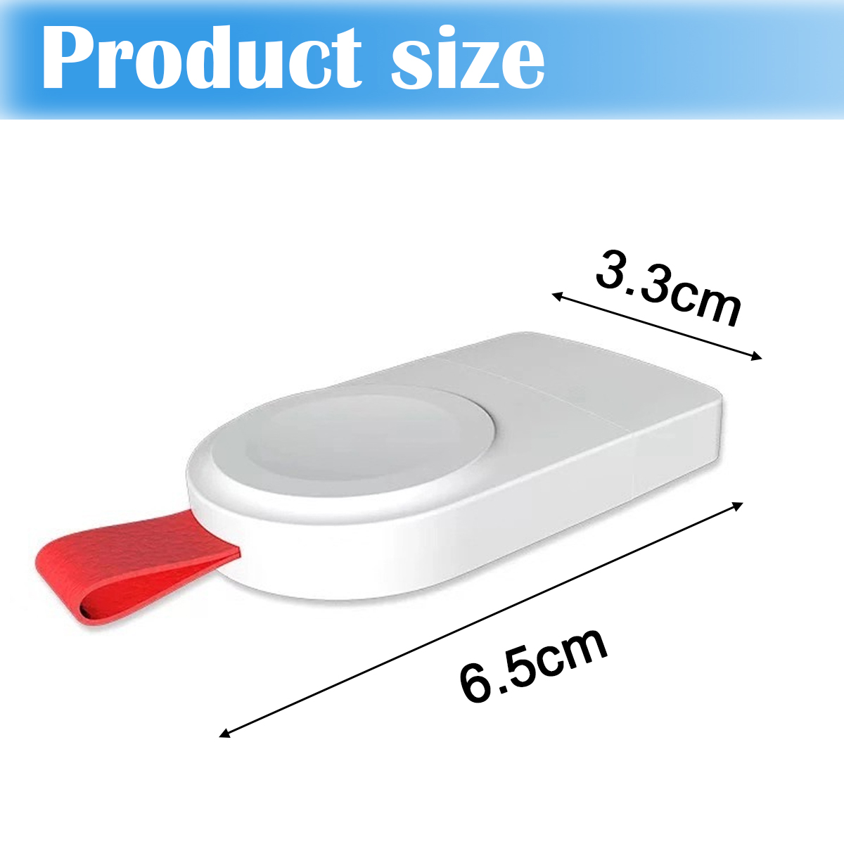 Weißes Gadget mit rotem Band und Abmessungen von 6,5 cm mal 3,3 cm.