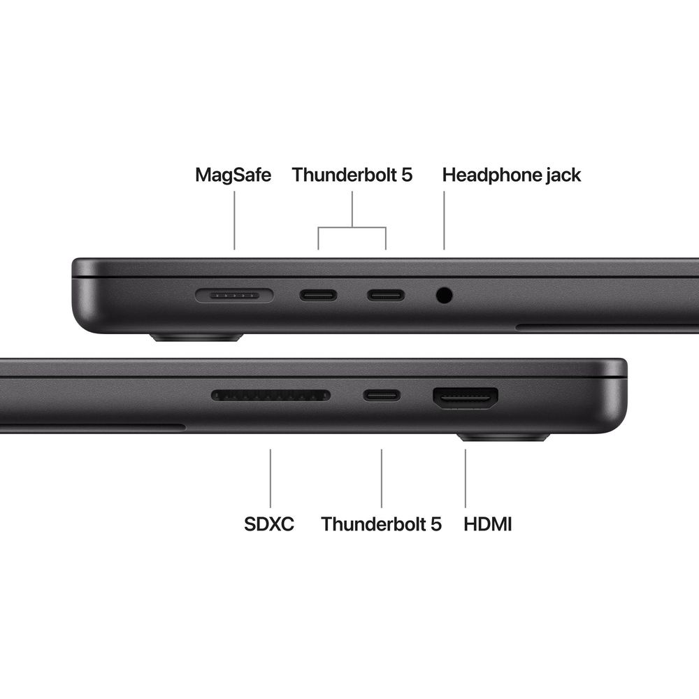 Vista laterale di un laptop con porte MagSafe, Thunderbolt 5, jack cuffie, SDXC e HDMI.