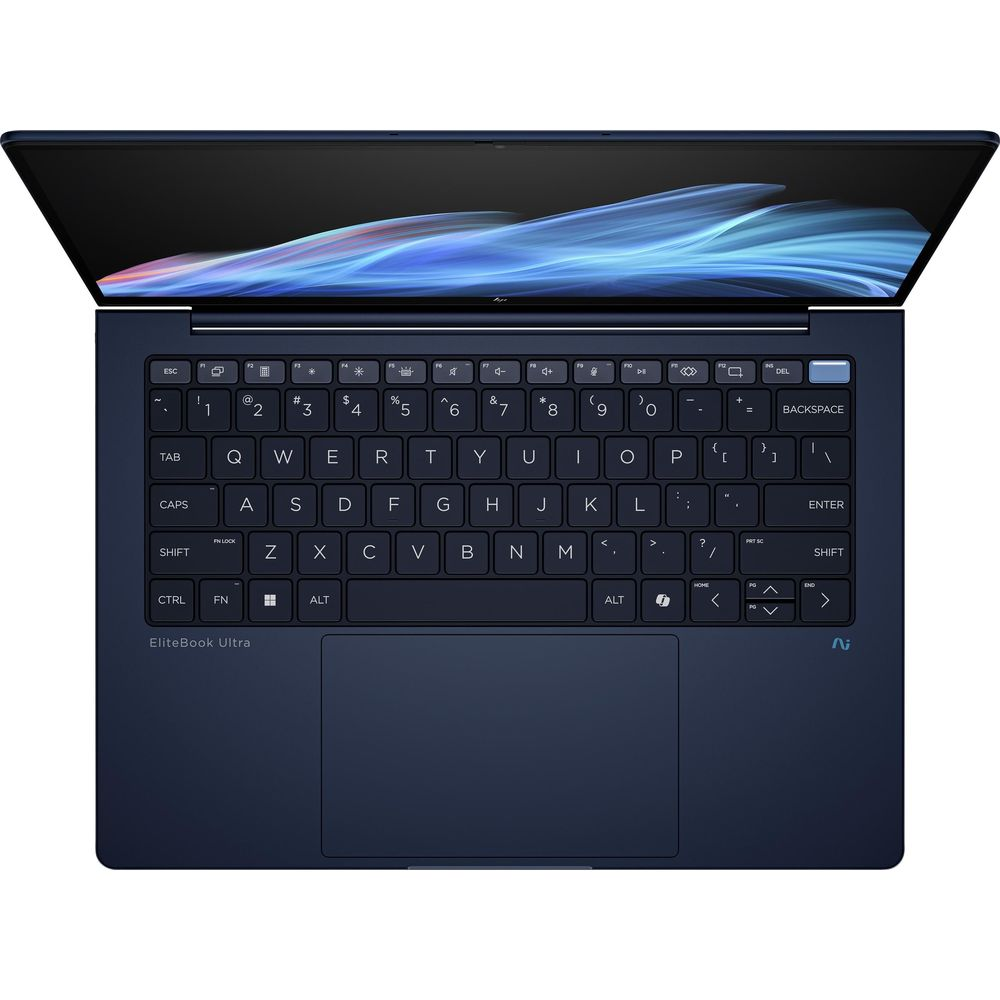 Dunkelblauer Laptop von oben mit beleuchtetem Bildschirm und schwarzer Tastatur.
