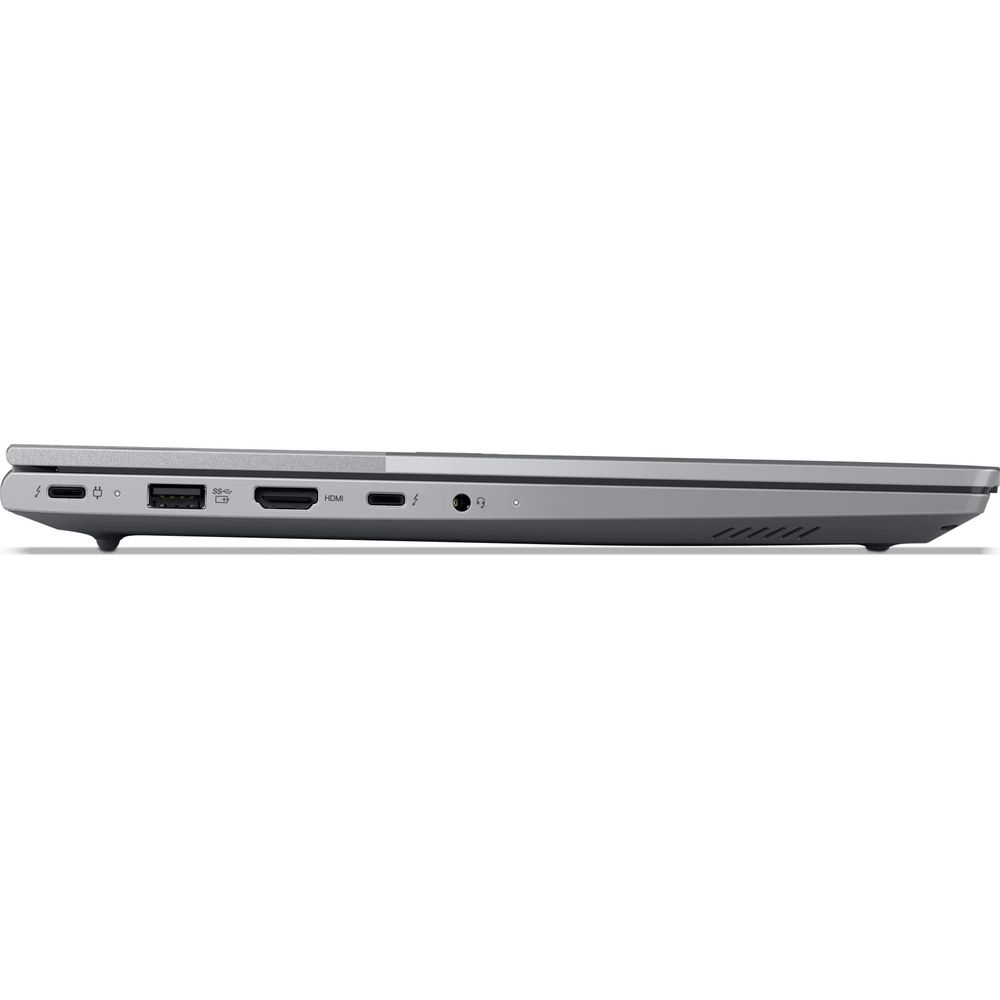 Vista laterale di un laptop argentato che mostra varie porte tra cui USB, HDMI e audio.