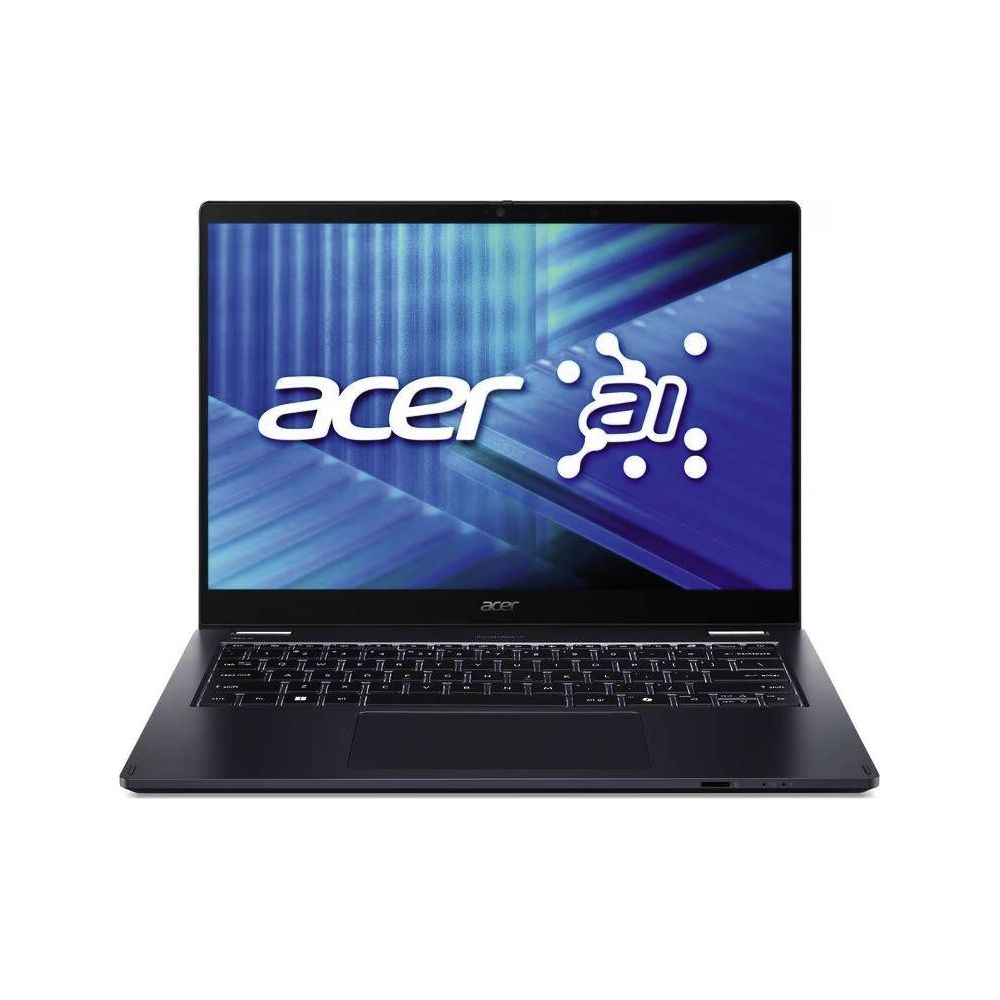 Ein schwarzer Acer-Laptop mit eingeschaltetem blauen Bildschirm und dem Acer-Logo vor einem hellen Hintergrund.