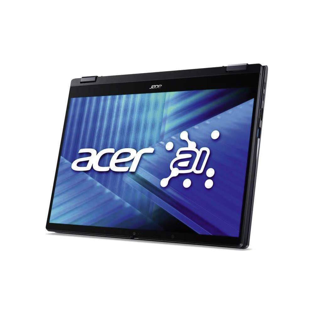 Ein schwarzes Acer-Laptop mit blauem Bildschirm und weißem Acer AI-Logo auf einem weißen Hintergrund.
