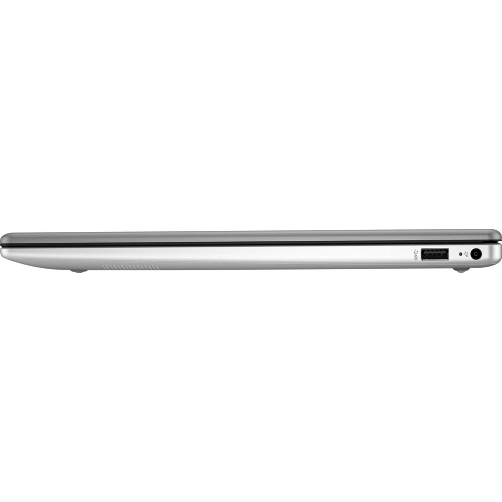 Vista laterale di un laptop argento con una porta USB e un jack di alimentazione.