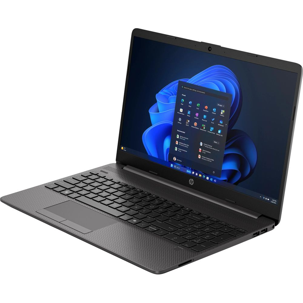 Un ordinateur portable HP noir affichant un fond bleu de menu Démarrer Windows 11.