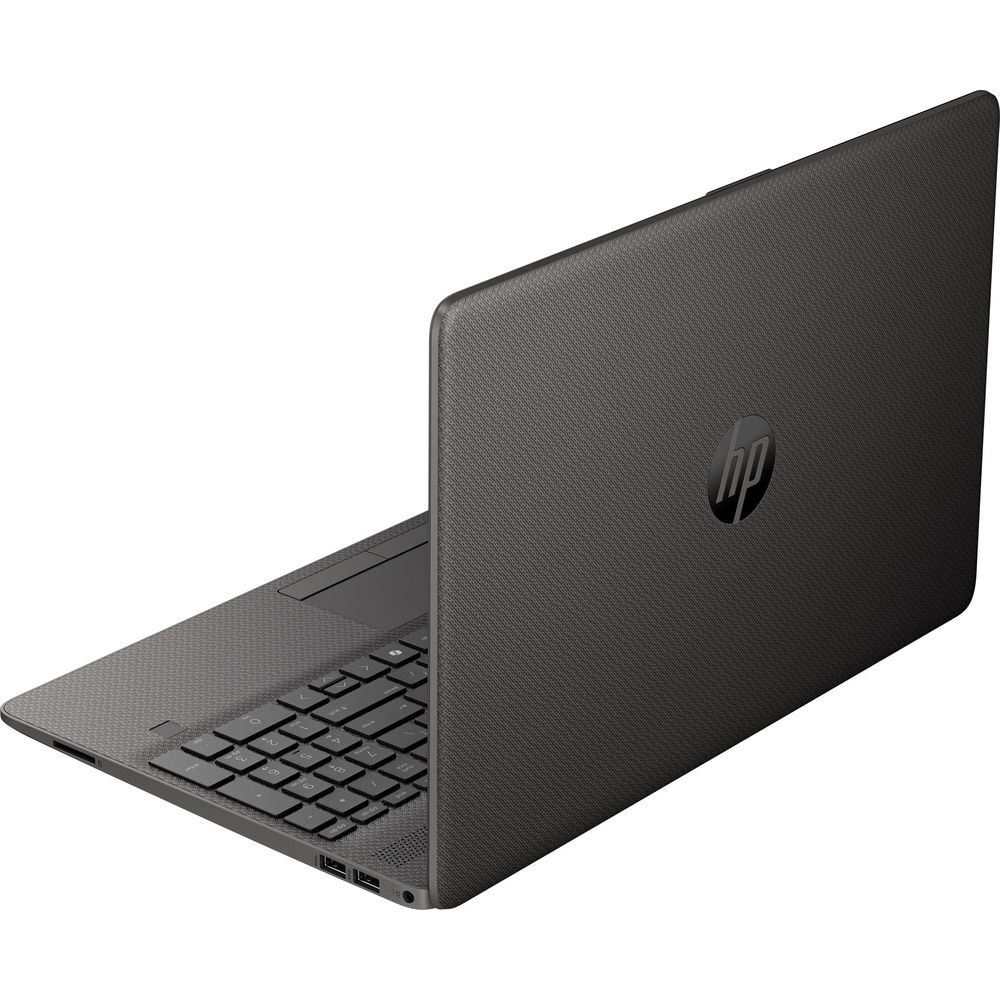 Un ordinateur portable HP gris montré partiellement ouvert sur fond blanc.