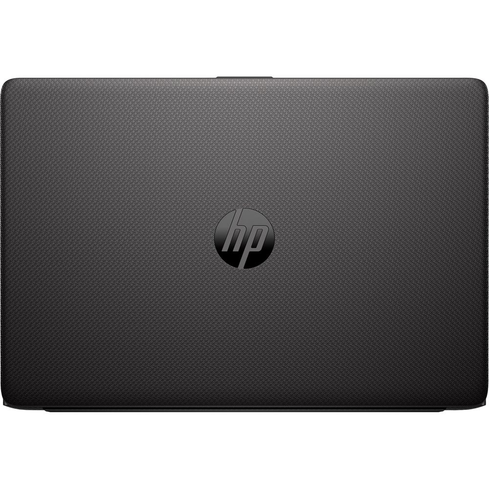 Ordinateur portable HP noir fermé avec surface texturée et logo HP central.