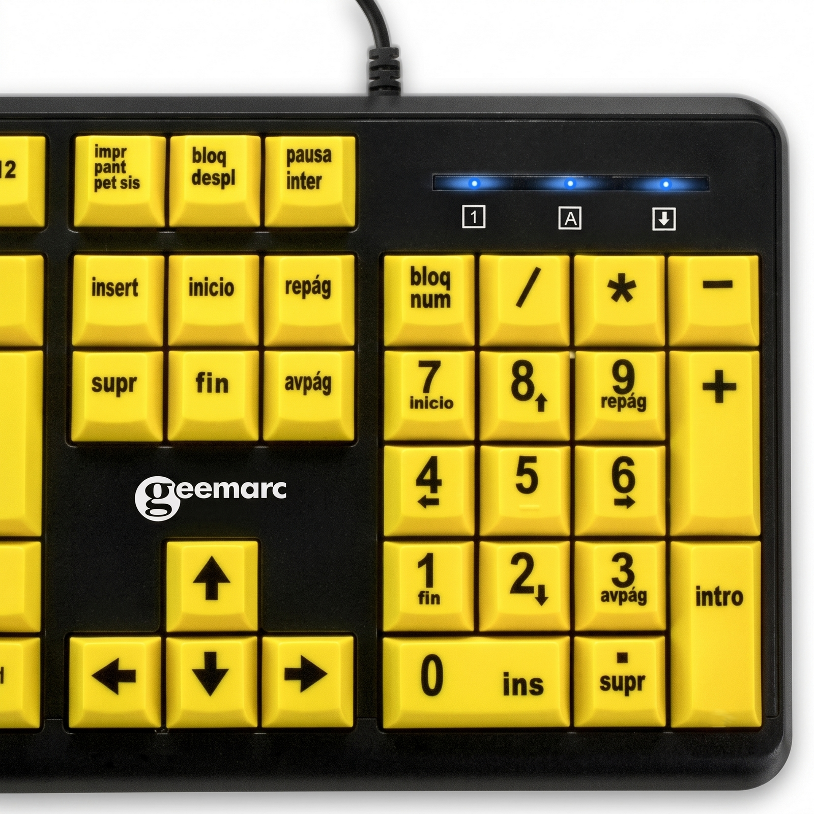 Eine schwarze Tastatur mit großen gelben Tasten und schwarzem Text, Ziffernblock und Statusleuchten.