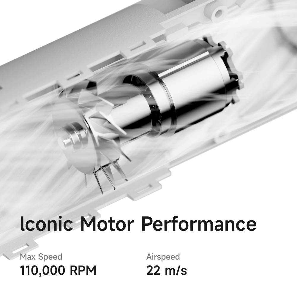 Sezione trasversale di un motore con ventola e flusso d'aria, il testo mostra 110.000 giri/min e 22 m/s.