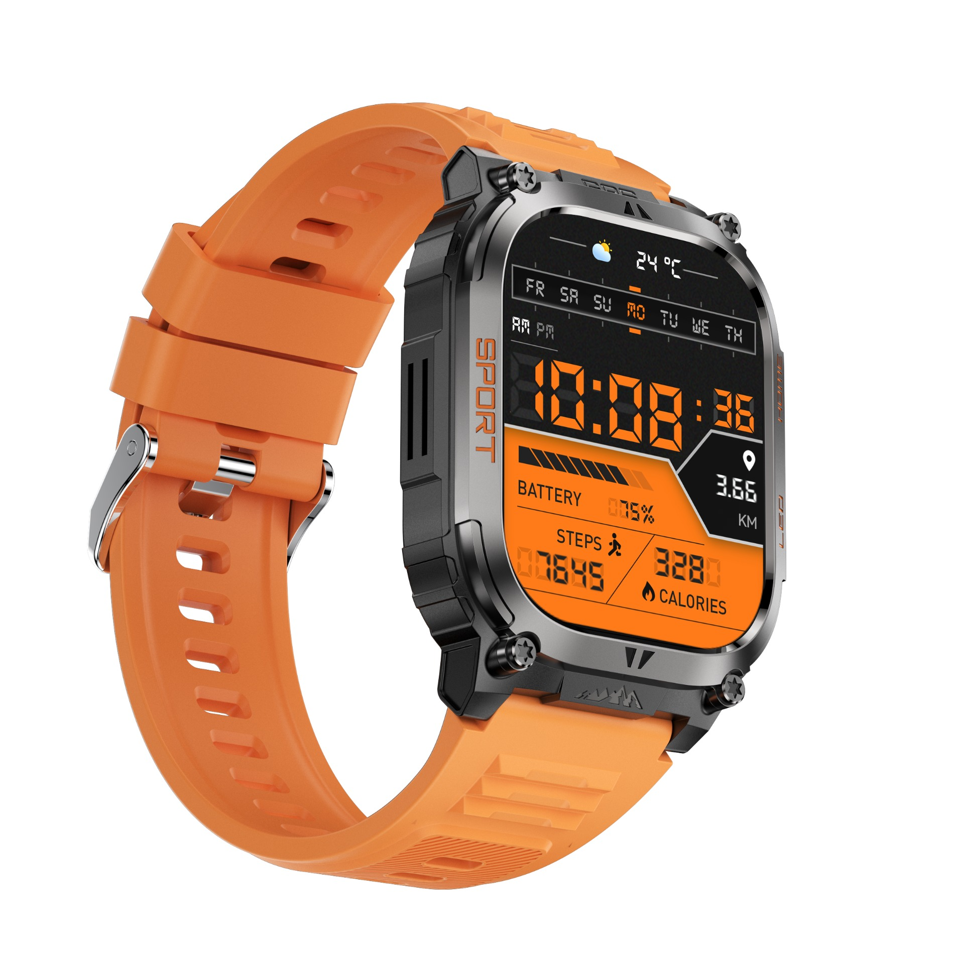 Eine robuste Smartwatch mit orangefarbenem Silikonarmband und digitalem Display auf weißem Hintergrund.