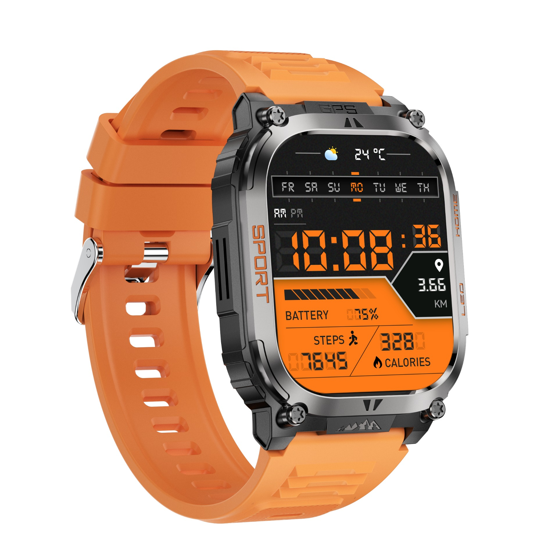 Robuste Smartwatch mit orangefarbenem Silikonarmband und digitalem Display gegen weissen Hintergrund.