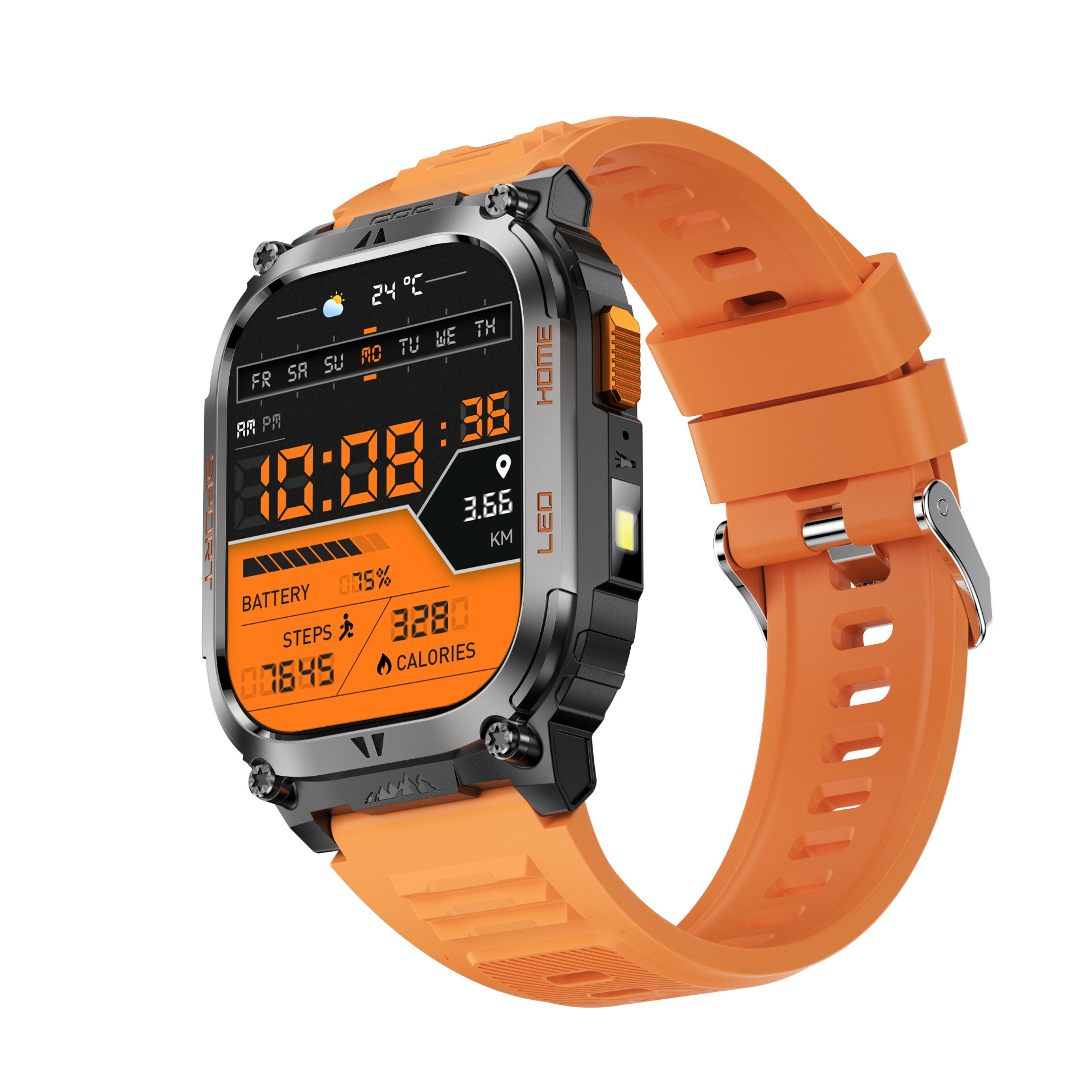 Eine robuste Smartwatch mit schwarzem Gehäuse und orangefarbenem Silikonarmband zeigt Zeit und Fitnessdaten.