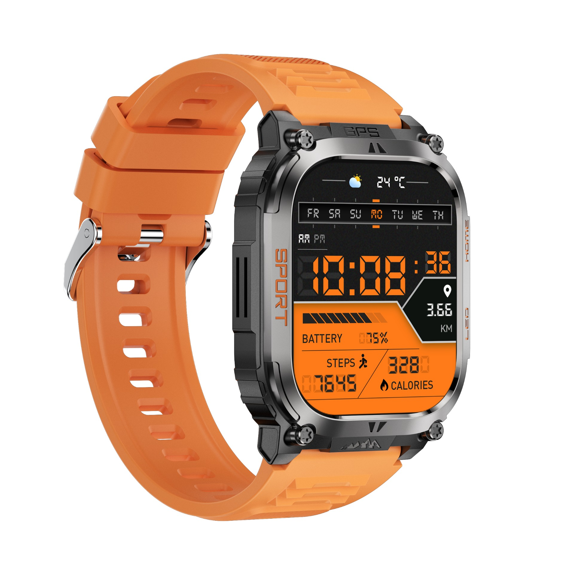 Eine robuste Smartwatch mit orangefarbenem Armband und digitalem Display, das Zeit, Schritte und Wetter anzeigt.