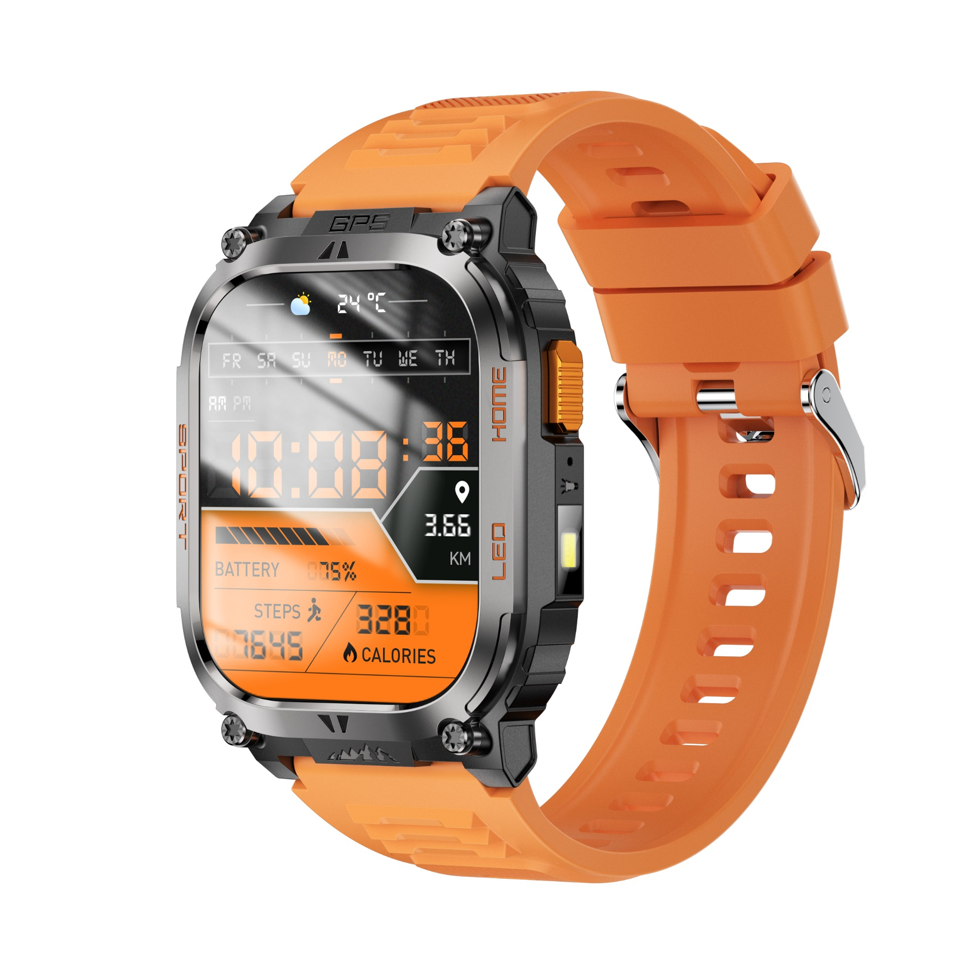 Eine orangefarbene, robuste Smartwatch mit dunkler Metalllünette und digitalem Display für Zeit und Fitness.