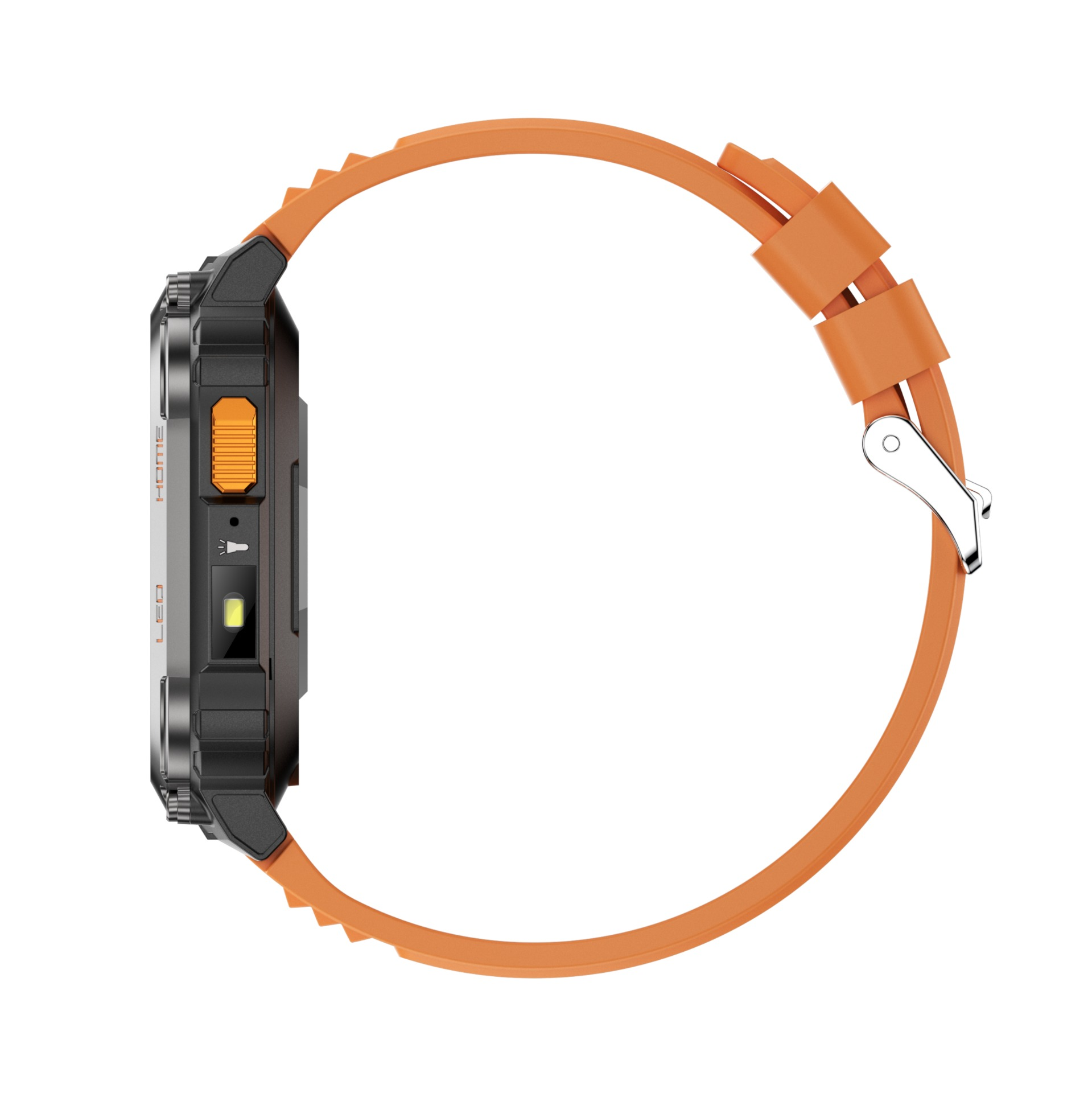 Seitenansicht einer schwarzen Sportuhr mit orangefarbenem Silikonarmband und silberner Schließe vor weißem Hintergrund.