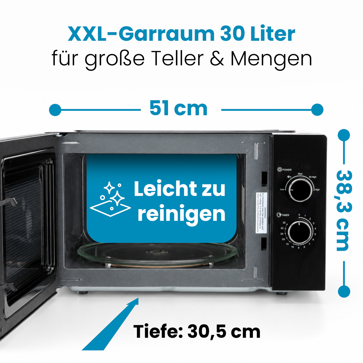 Offene Mikrowelle mit 30 Litern Garraum, Maßen 51x38,3x30,5 cm und Hinweisen zur leichten Reinigung.