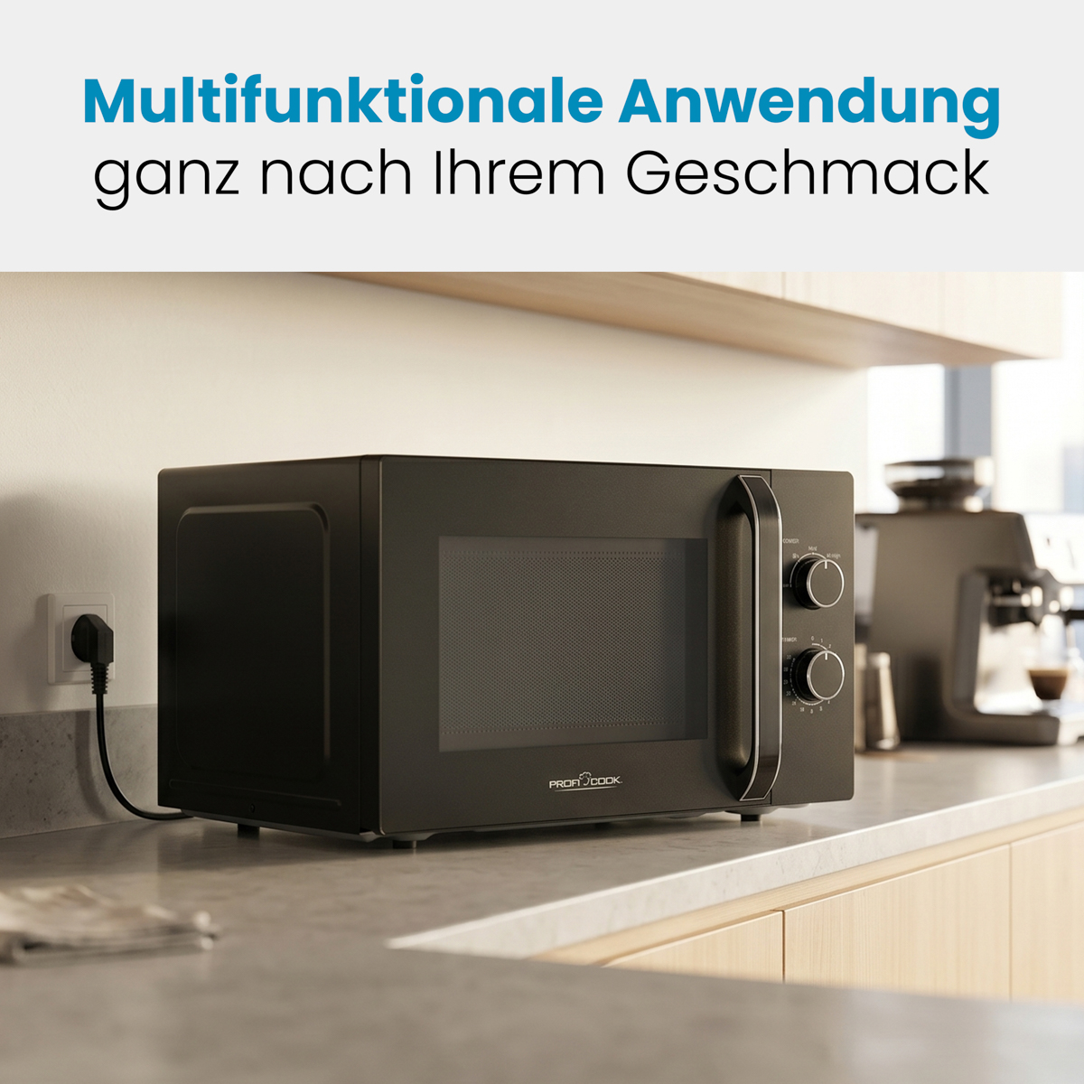 Eine schwarze Mikrowelle auf einer Küchenarbeitsplatte, daneben Text auf Deutsch über multifunktionale Anwendung.