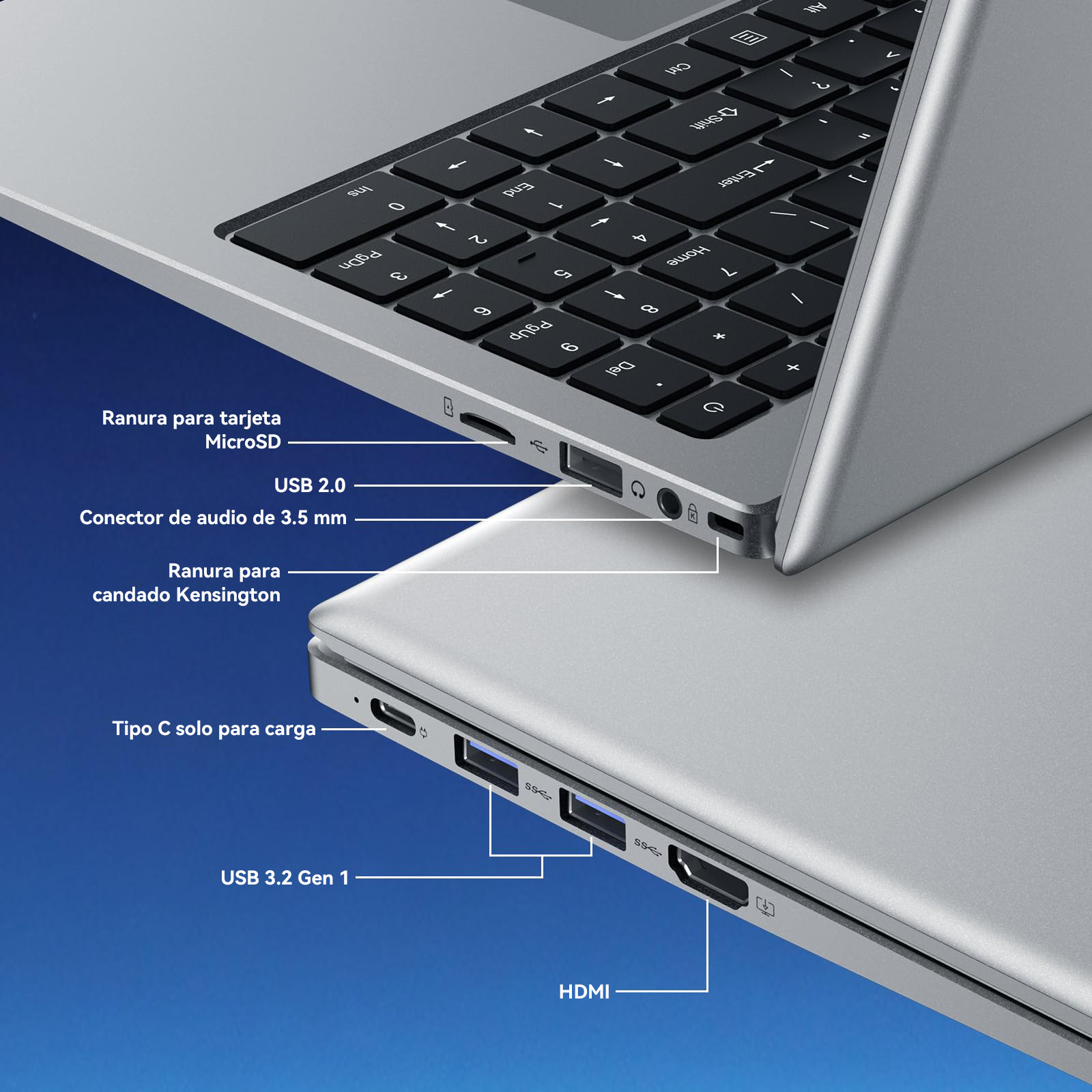 Vista lateral de dos portátiles plateados detallando puertos como USB, HDMI y ranura MicroSD.