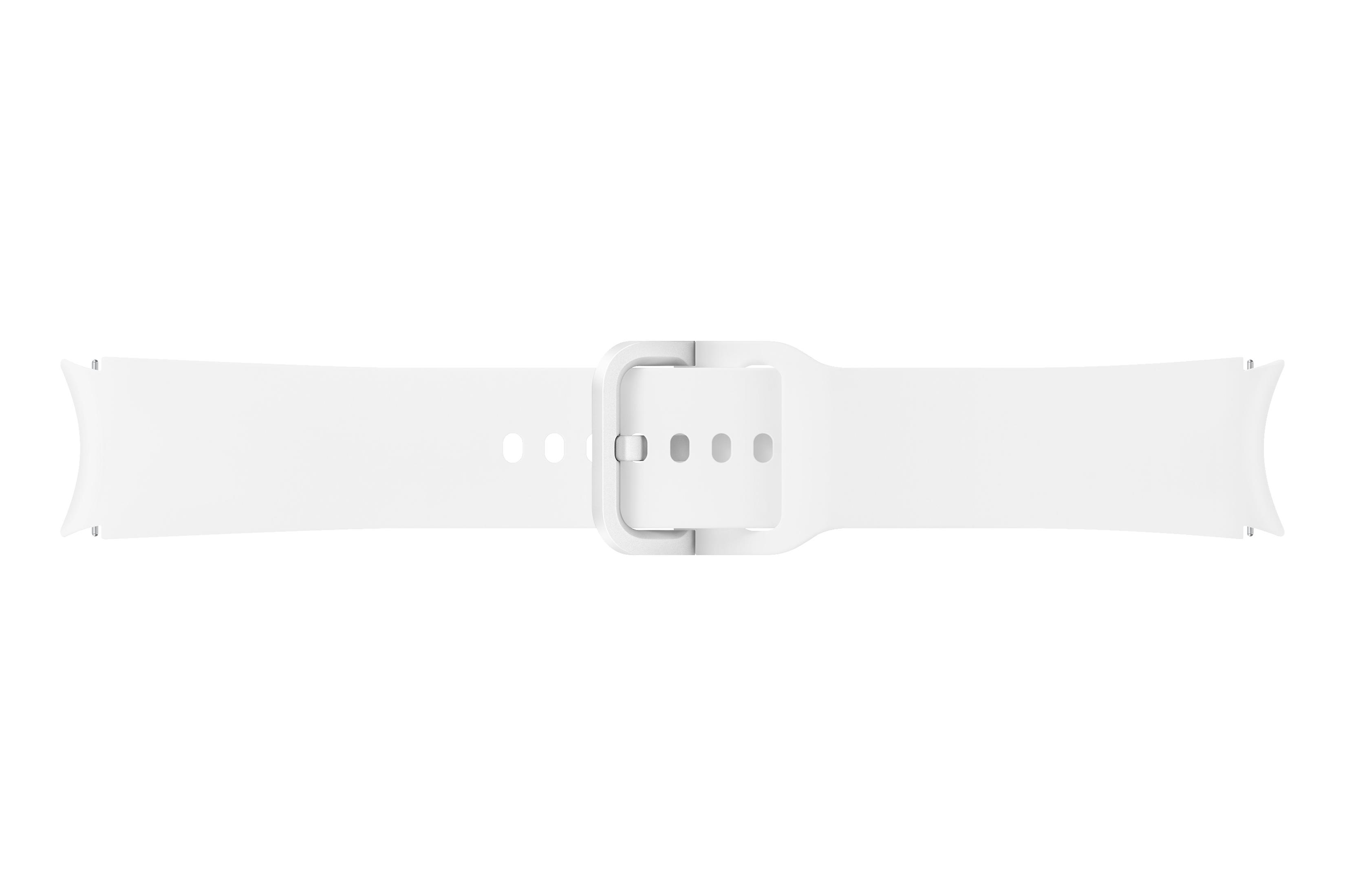 Ein weißes Silikon-Smartwatch-Armband mit passender weißer Schließe und mehreren Verstelllöchern vor weißem Hintergrund.