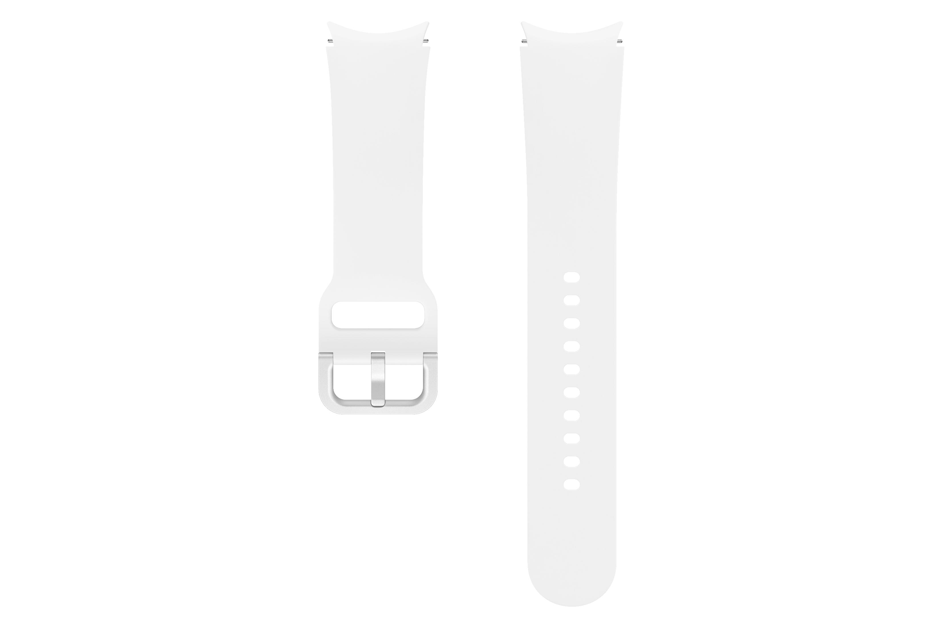 Ein weißes Silikon-Uhrenarmband mit silberner Schließe, aufgeteilt in zwei Hälften auf weißem Hintergrund.