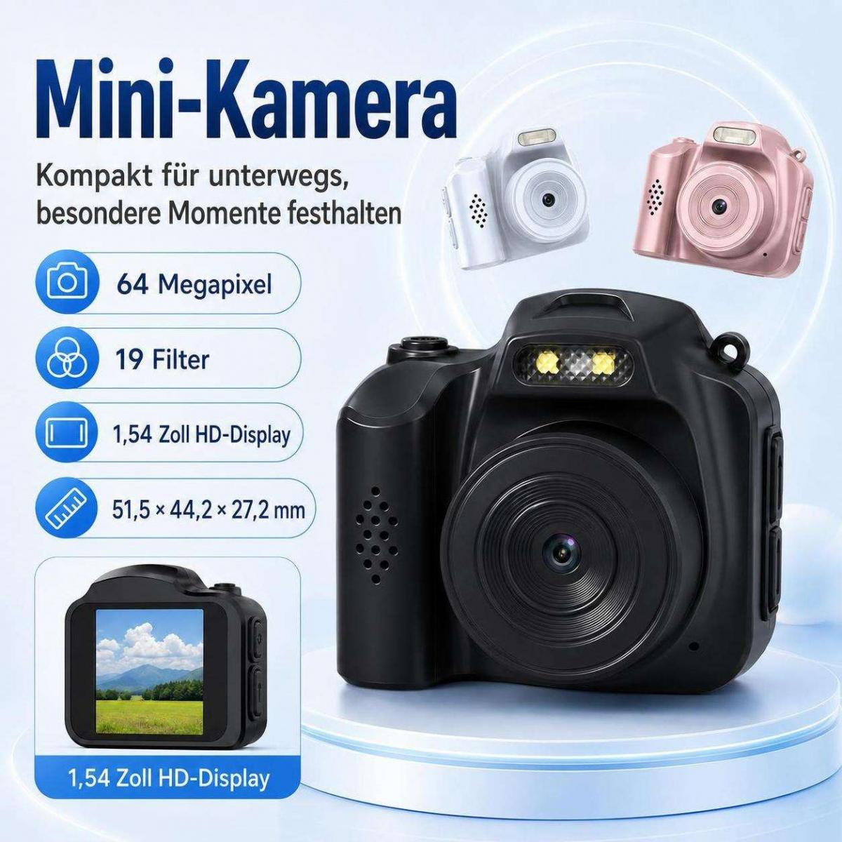Eine Werbung für eine kompakte Minikamera mit Funktionen, schwarzem Modell und Farboptionen.