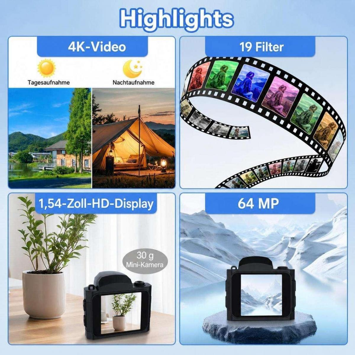 Produkt-Highlights einer Minikamera mit 4K-Video, 19 Filtern, 1,54-Zoll-Display und 64 MP Auflösung.