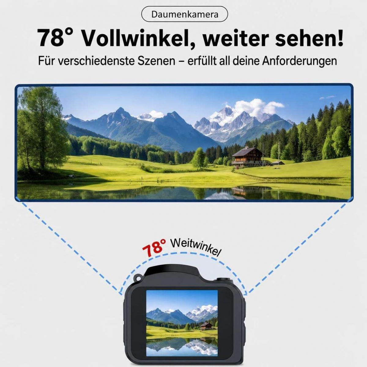 Eine kleine Kamera zeigt eine weite Berglandschaft mit See auf ihrem Bildschirm und im Weitwinkelbereich darüber.