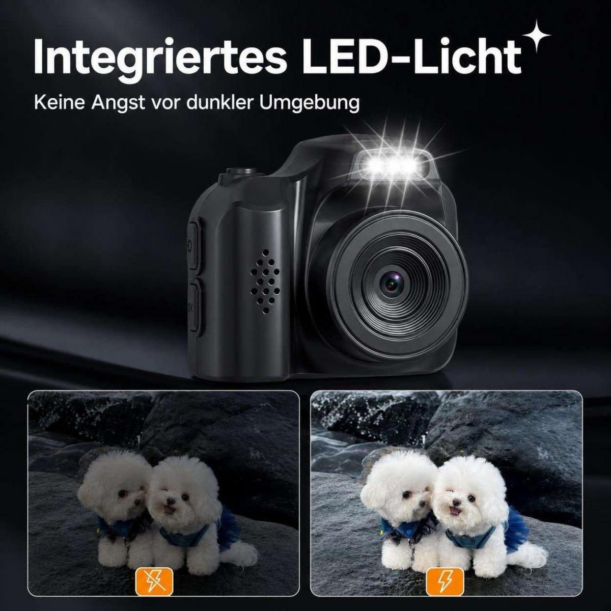 Schwarze Digitalkamera mit integriertem LED-Licht und zwei Beispielbildern von Hunden mit und ohne Blitz.