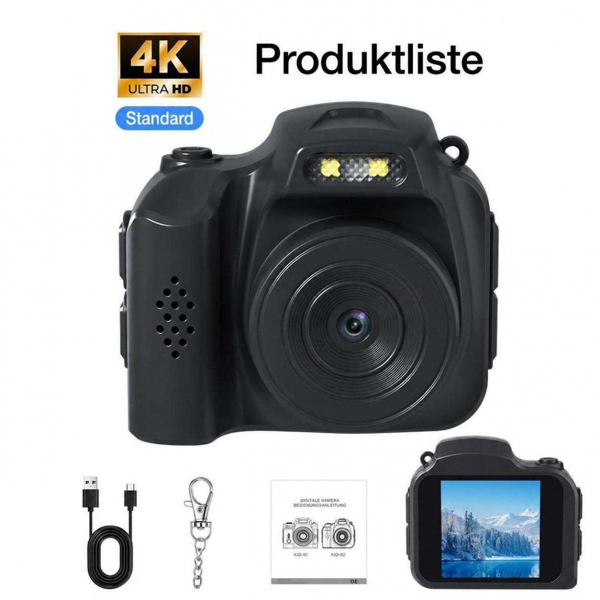 Schwarze Digitalkamera mit Zubehör wie Kabel, Schlüsselband, Anleitung und Displayansicht.