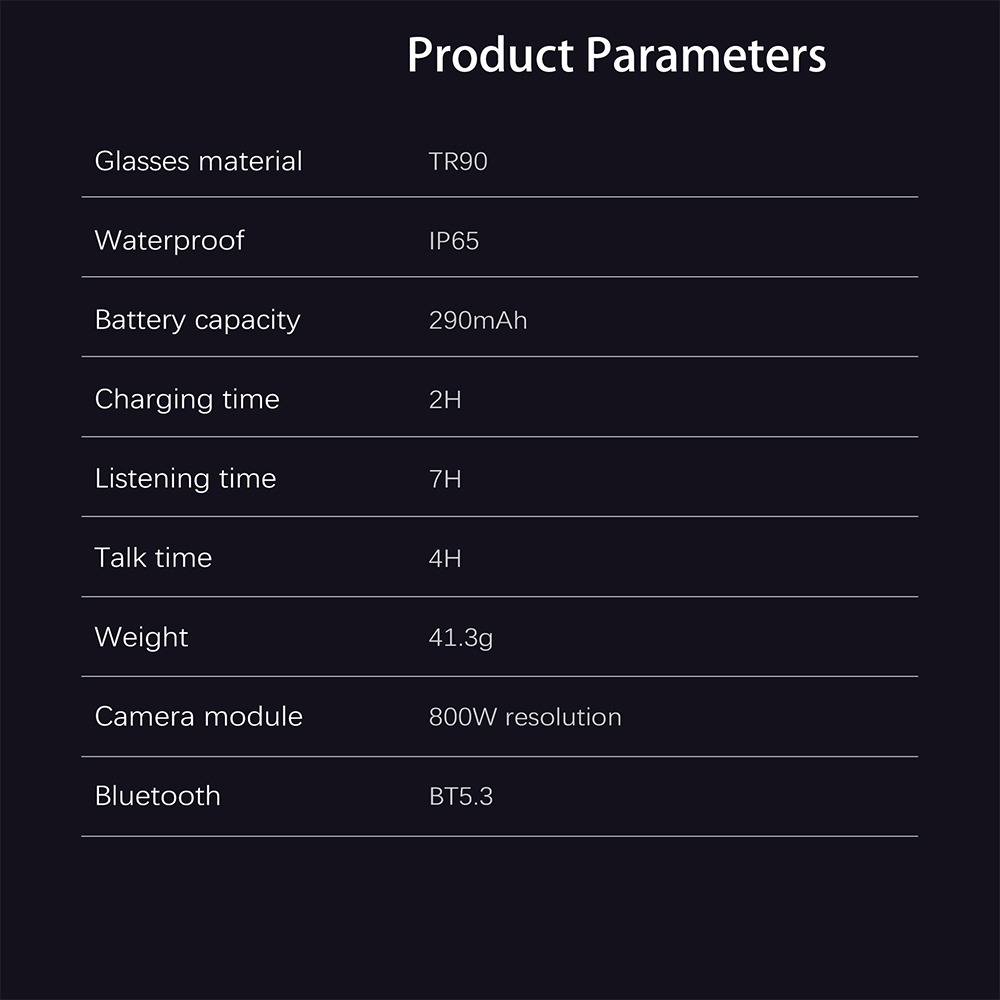 Produktd параметров-Tabelle mit TR90-Material, IP65, 290mAh-Akku und Bluetooth 5.3.