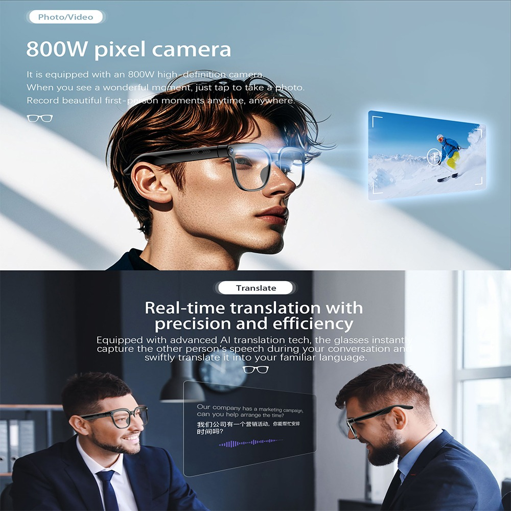 Intelligente Brille mit integrierter Kamera und Echtzeit-Übersetzungsfunktion für Gespräche.
