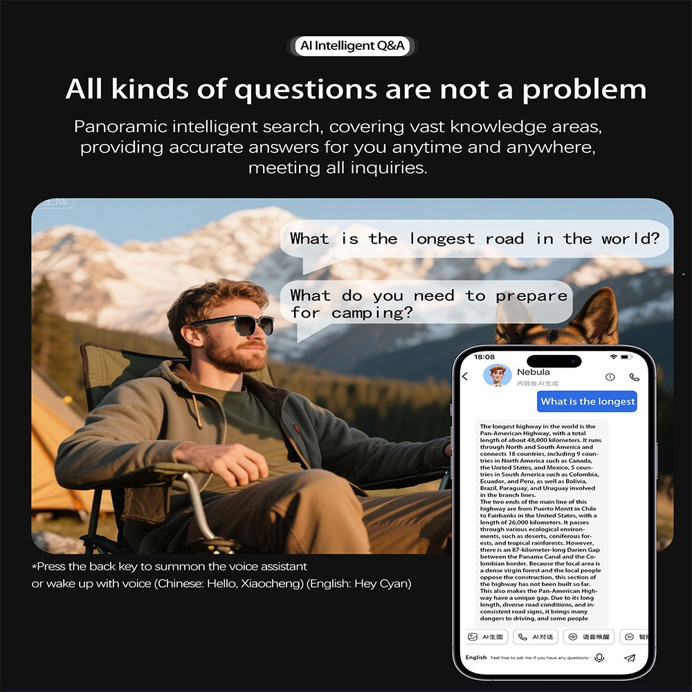 Ein Mann mit Sonnenbrille campt, während ein Smartphone KI-Nachrichten vor Bergkulisse anzeigt.