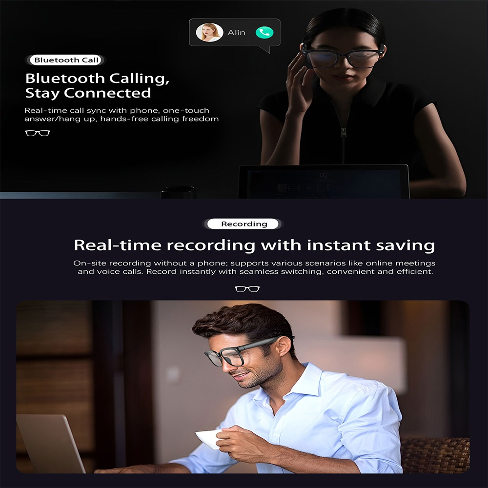 Produktwerbung für Smart Glasses mit Bluetooth-Anruf- und Aufnahmefunktionen, gezeigt mit zwei Personen.