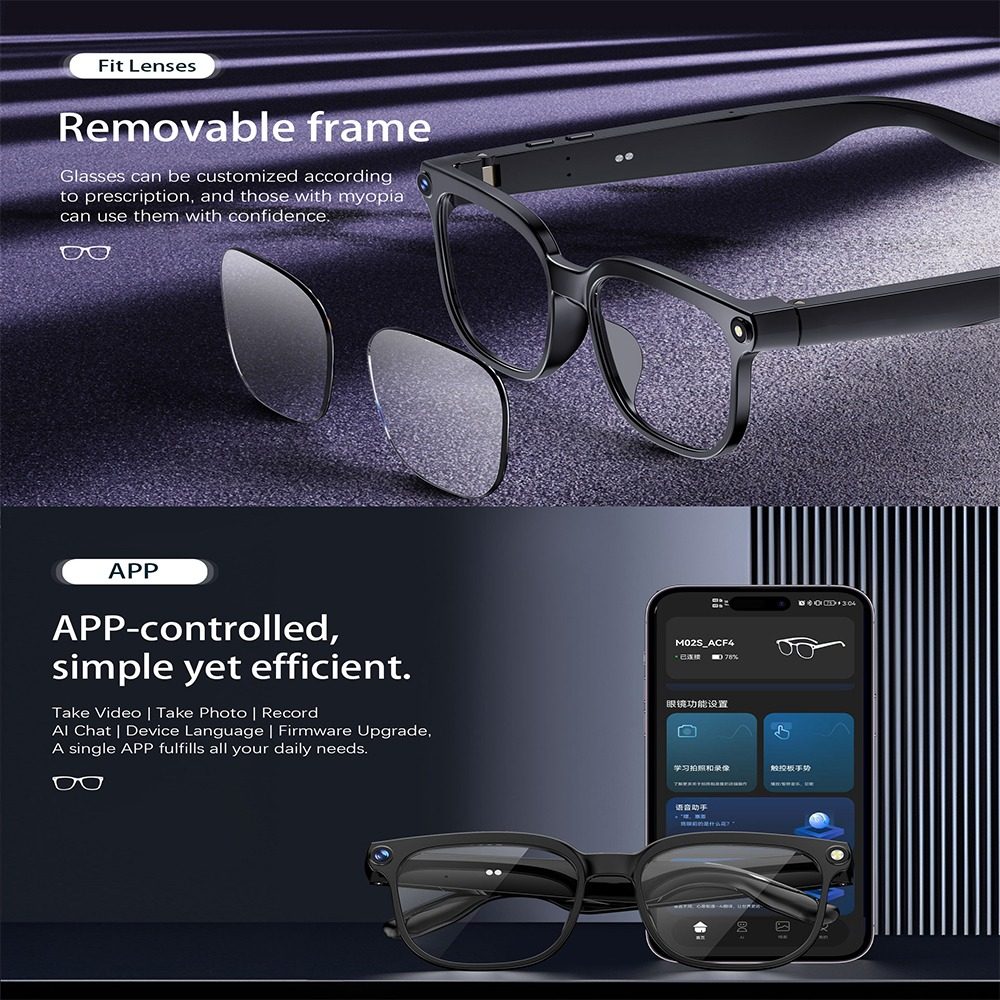 Intelligente Brille mit abnehmbaren Gläsern und App-Steuerung auf einem Smartphone.