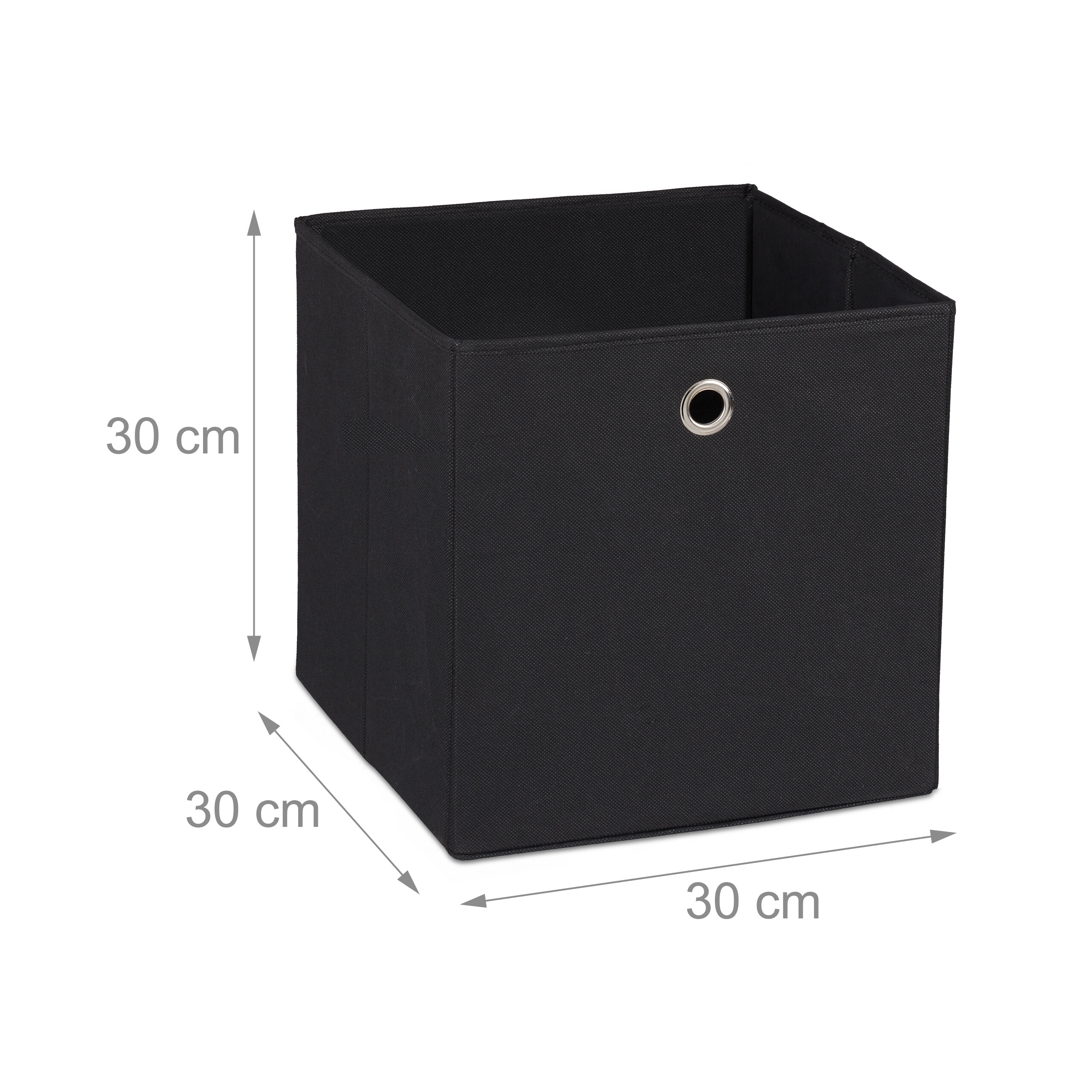Schwarze Stoff-Aufbewahrungsbox, Maße 30x30x30 cm, mit Metallöse.