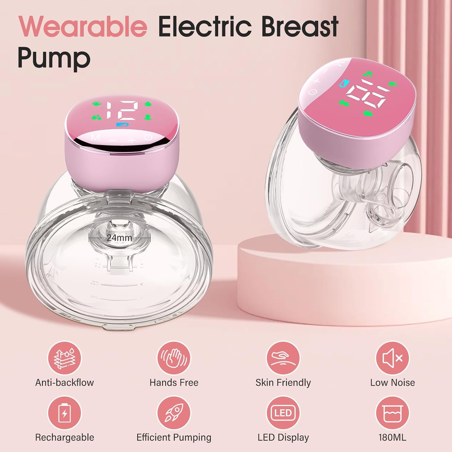 Zwei rosa und transparente tragbare elektrische Milchpumpen vor rosa Hintergrund mit Symbolen.
