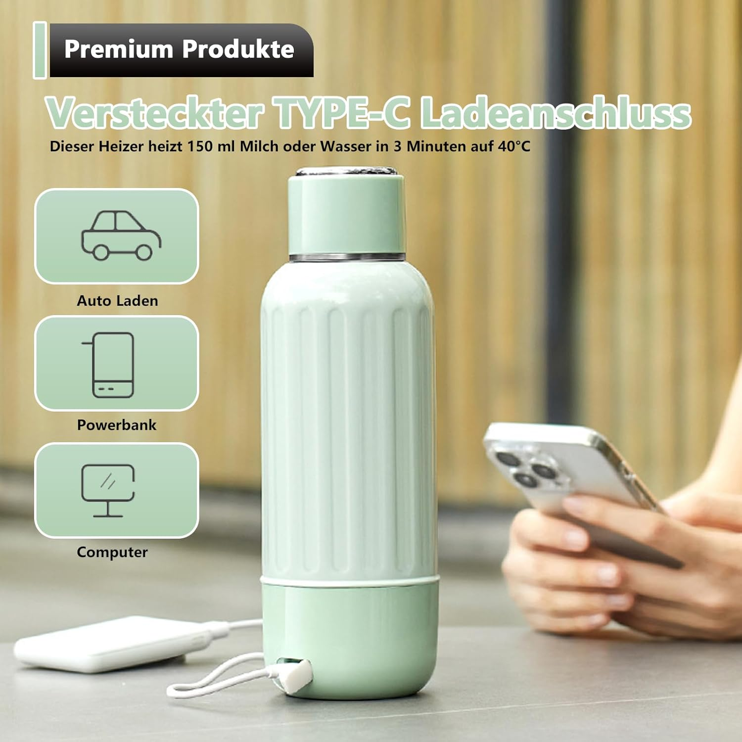 Ein hellgrüner, tragbarer Flaschenwärmer an einer Powerbank, mit Textüberlagerungen, die seine Funktionen erklären.