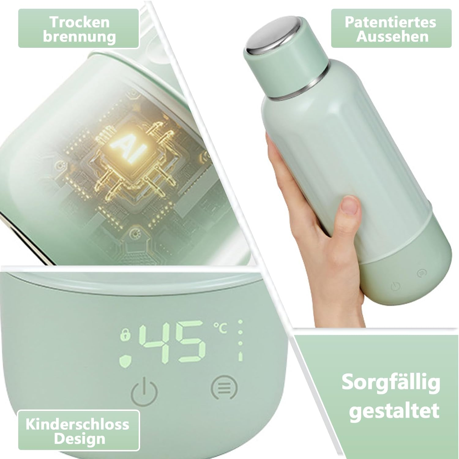 Grüne Isolierflasche mit digitaler Anzeige, KI-Chip-Grafik und Texten auf Deutsch.