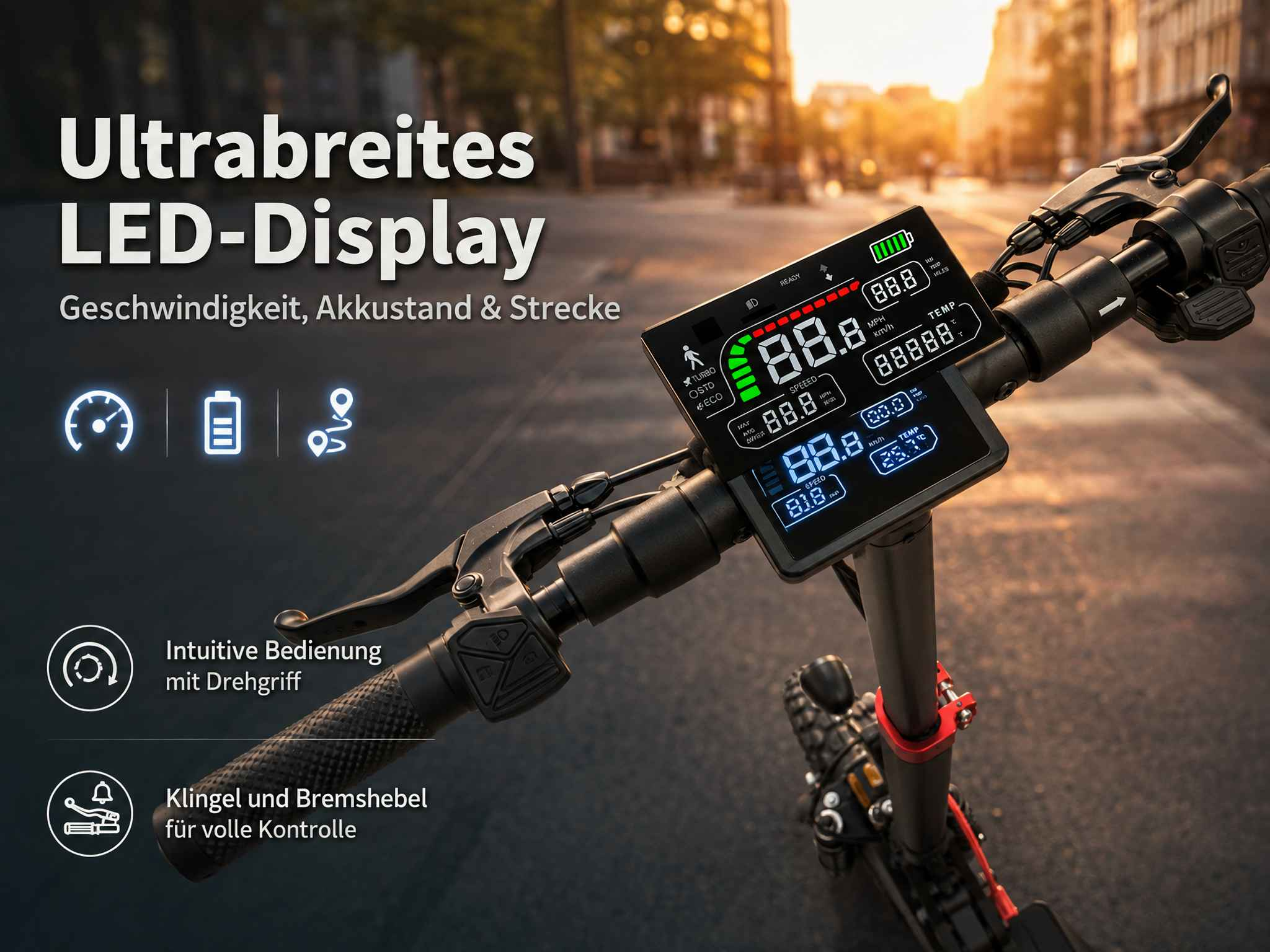 E-Scooter Lenker mit breitem LED-Display, Geschwindigkeitsanzeige, Akku und Bedienelementen auf der Straße.