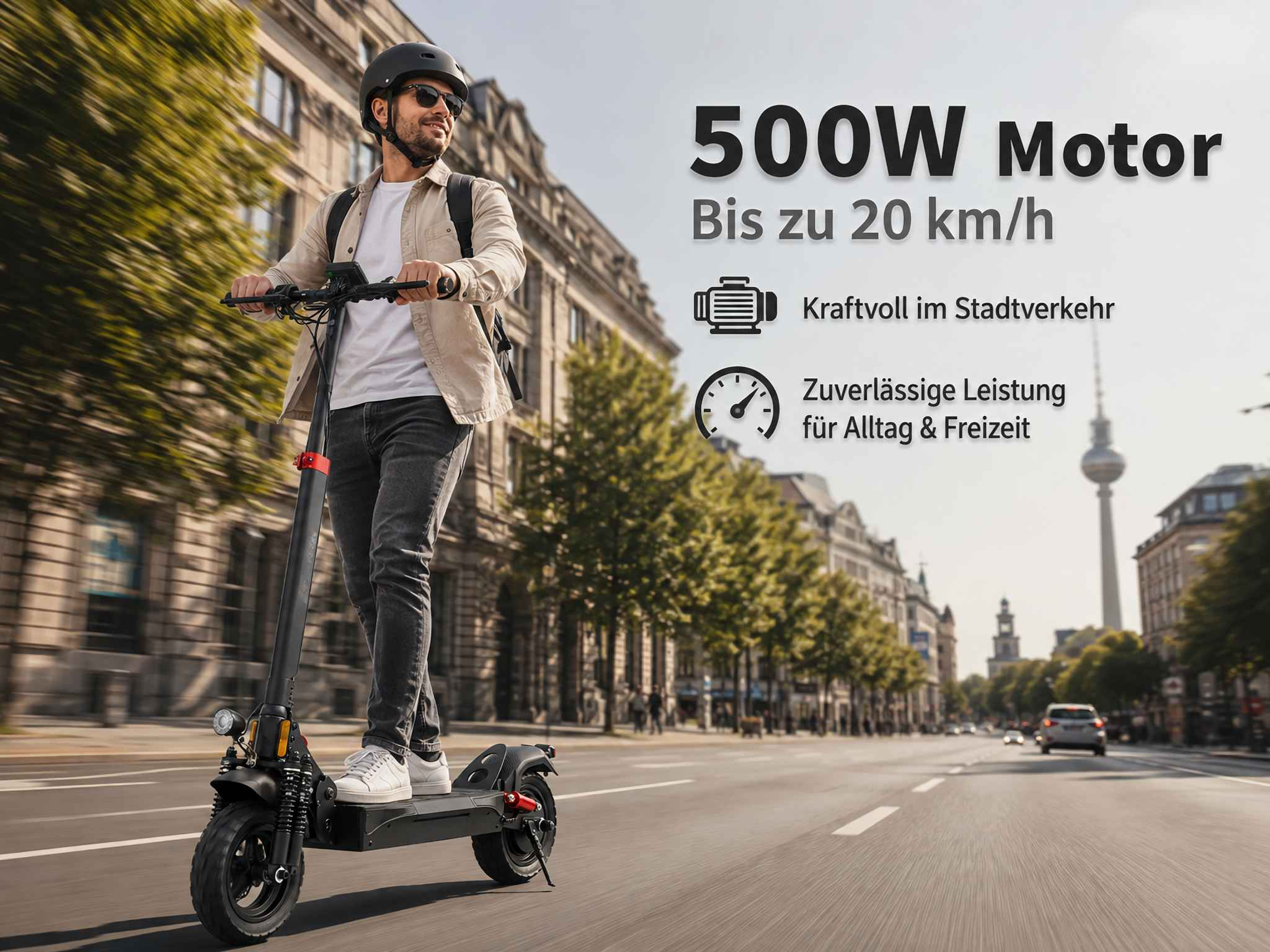 Ein Mann fährt auf einem Elektroroller durch die Stadt mit Textüberlagerung über die Motorleistung.