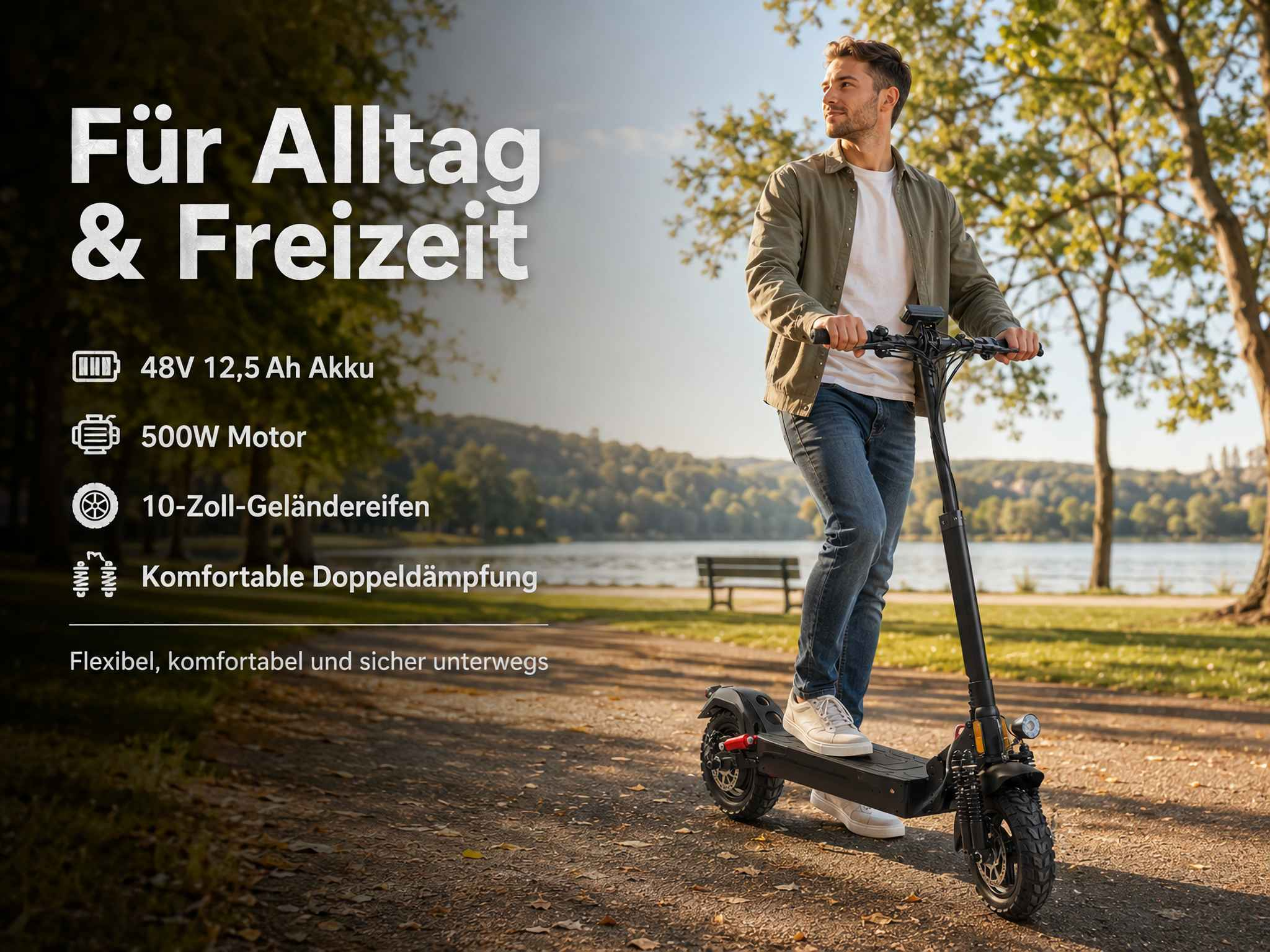Ein Mann fährt bei Sonnenschein auf einem E-Scooter an einem See entlang. Textoverlays werben für das Produkt.