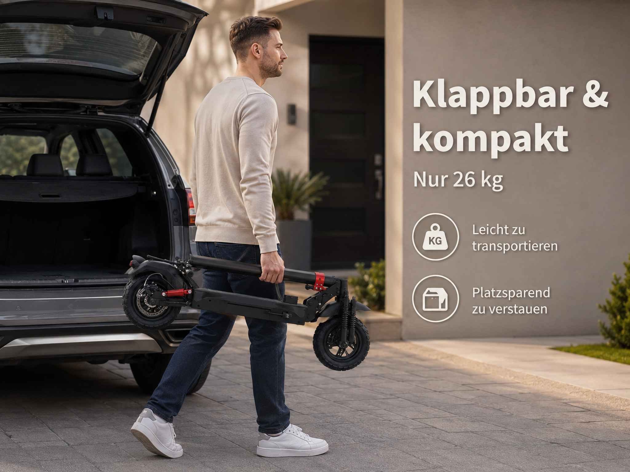Ein Mann trägt einen zusammengeklappten E-Scooter vor einem Auto mit offenem Kofferraum.