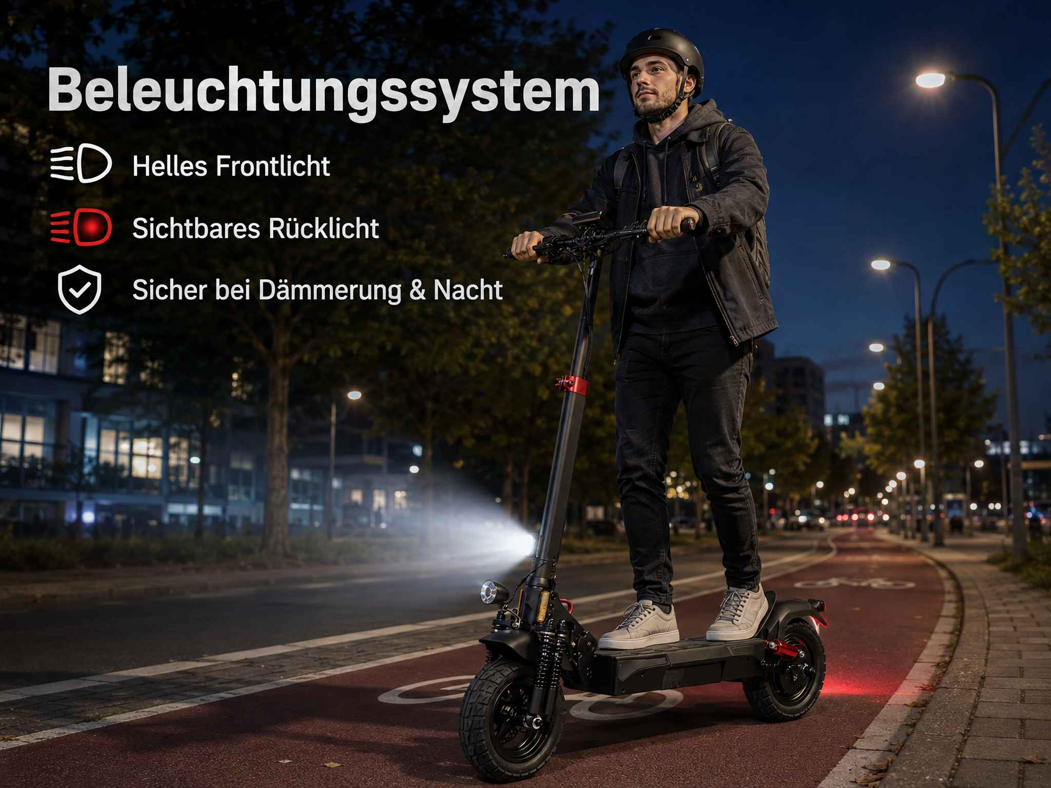 Ein Mann fährt nachts mit einem E-Scooter auf einem roten Fahrradweg, beleuchtet von Straßenlaternen und Frontlicht.
