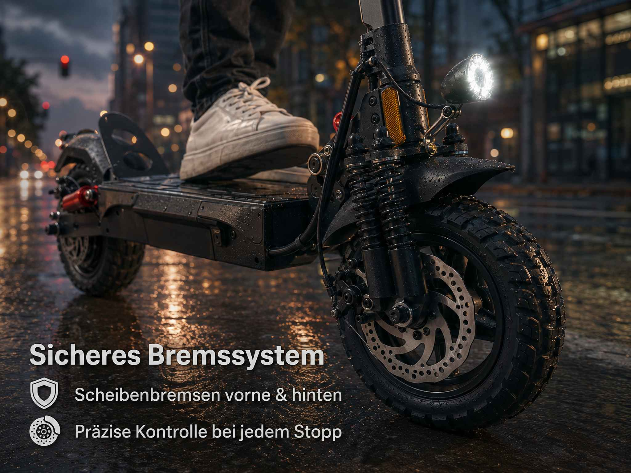 Person auf schwarzem E-Scooter bei Nacht auf nasser Straße mit beleuchtetem Frontlicht.