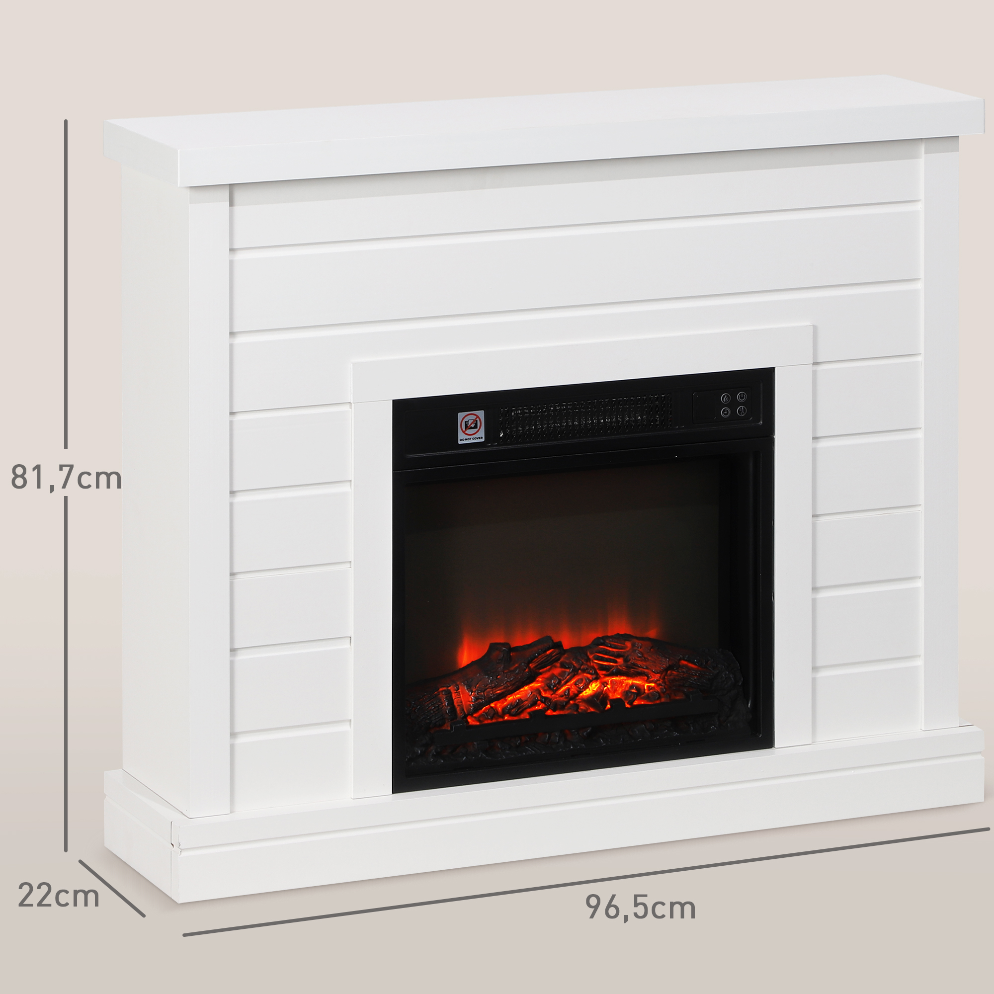 Una chimenea eléctrica blanca con un inserto de fuego incorporado y dimensiones.