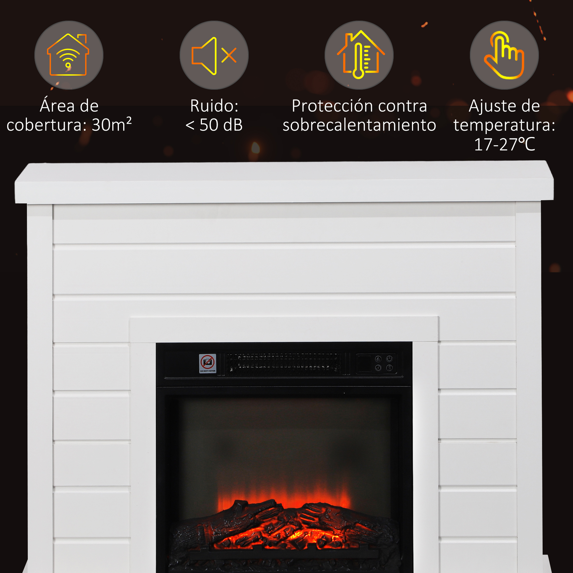 Una chimenea eléctrica blanca con iconos de cobertura, ruido, protección y temperatura.