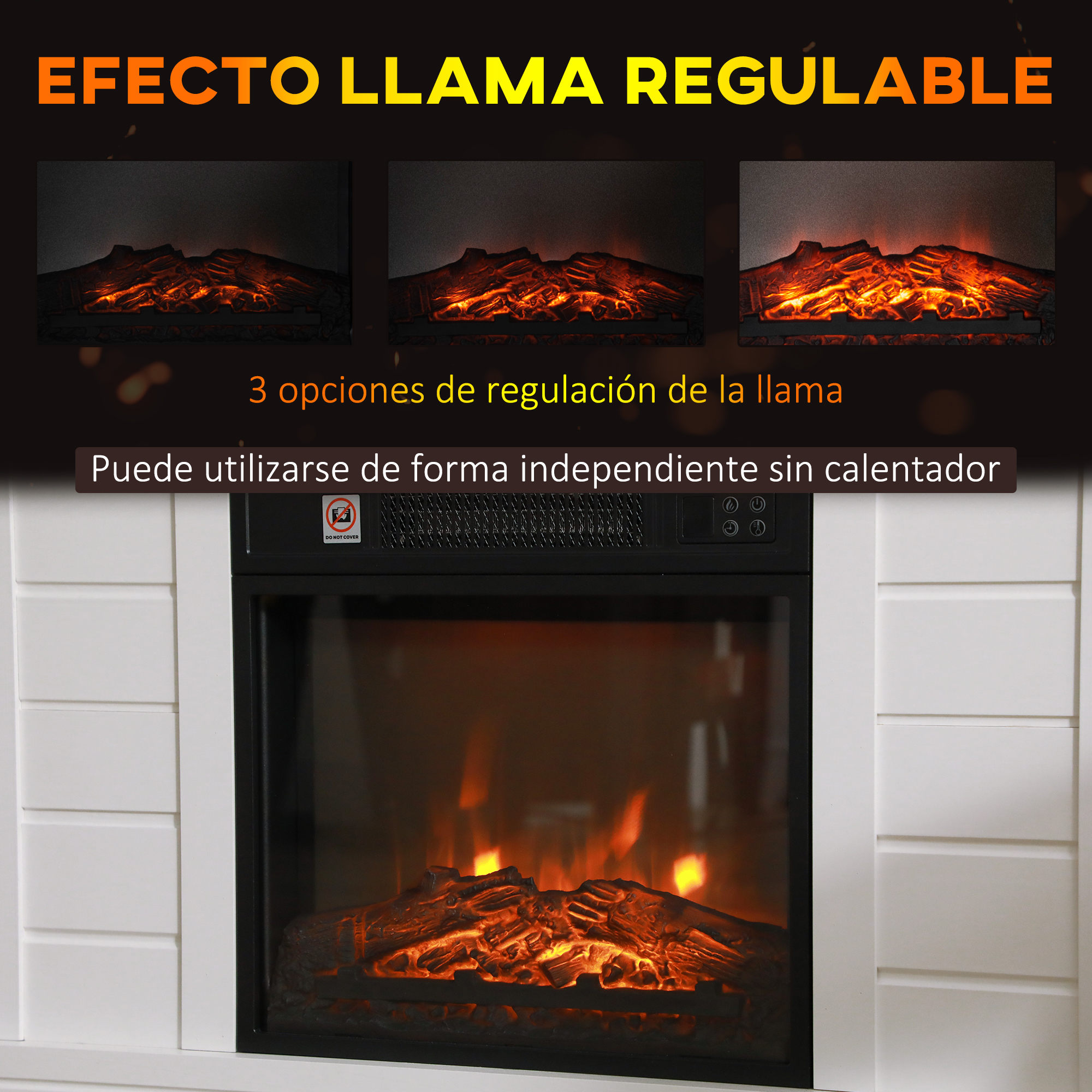 Chimenea eléctrica con efecto de llama ajustable en tres niveles, utilizable sin calefactor.