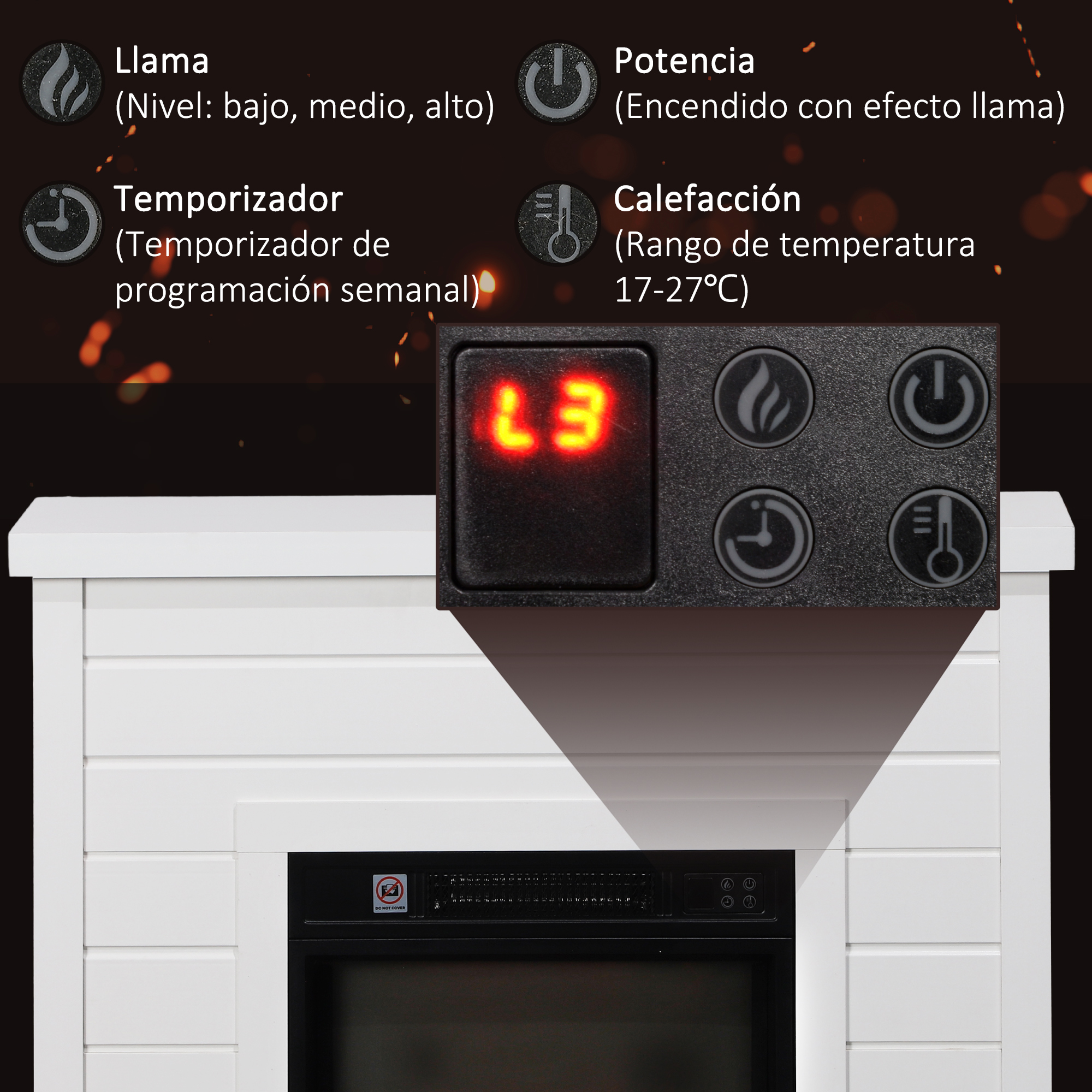 Panel de control de chimenea eléctrica que muestra llama, potencia, temporizador y temperatura.