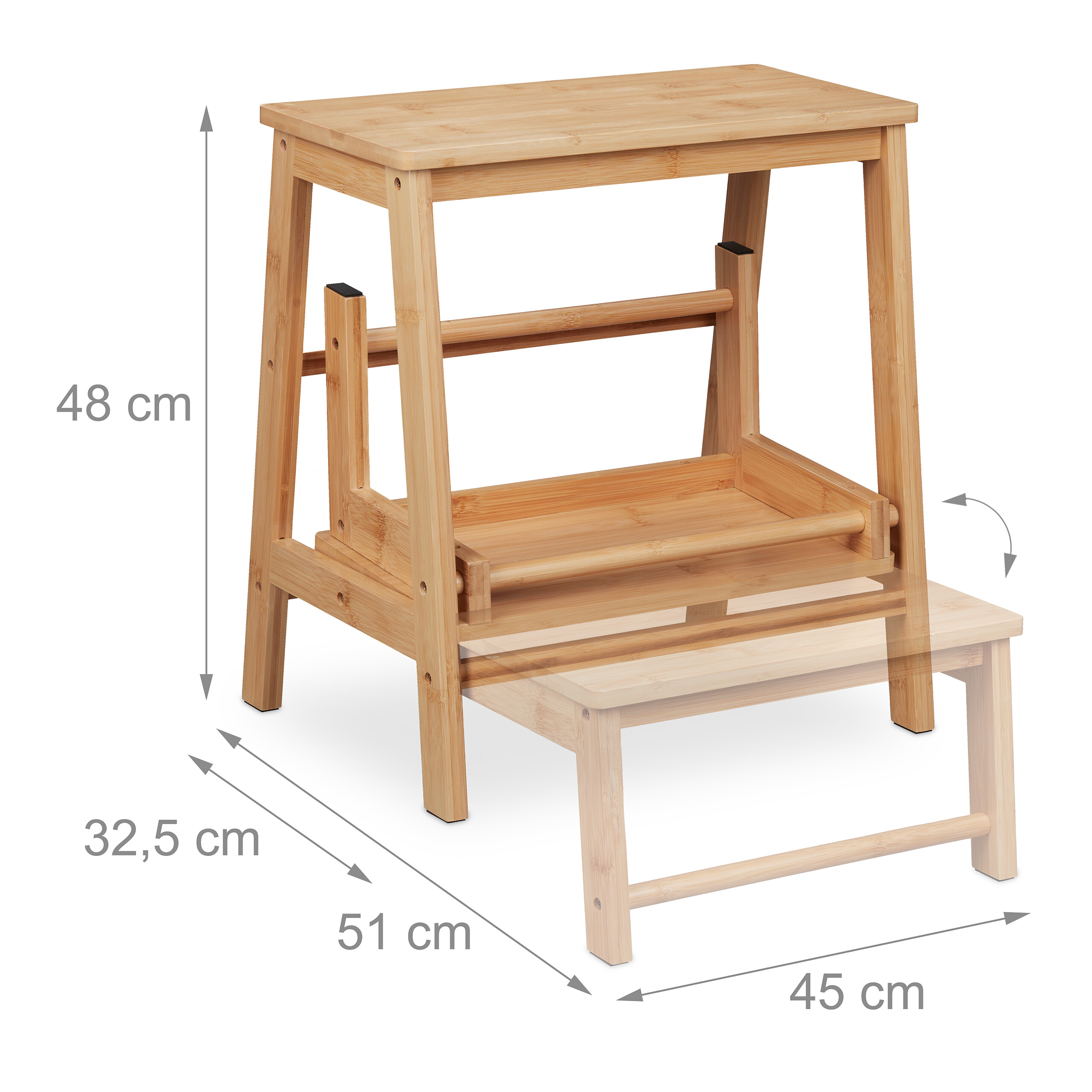 Holz-Tragestufe mit Maßen: Höhe 48 cm, Breite 45 cm, Tiefe 32,5 cm und 51 cm.